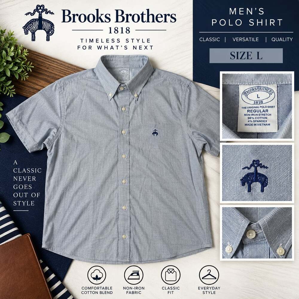 Brooks Brothers 1818 Polo Shirt Size L Regular Non-Iron Stretch Blue